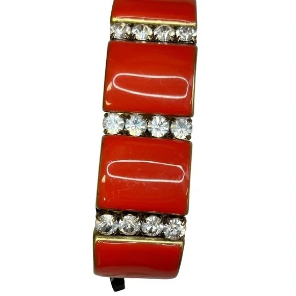 J Crew Red Square Gold-Tone Bracelet Rhinestone Diamonds New Elastic - Picture 7 of 7